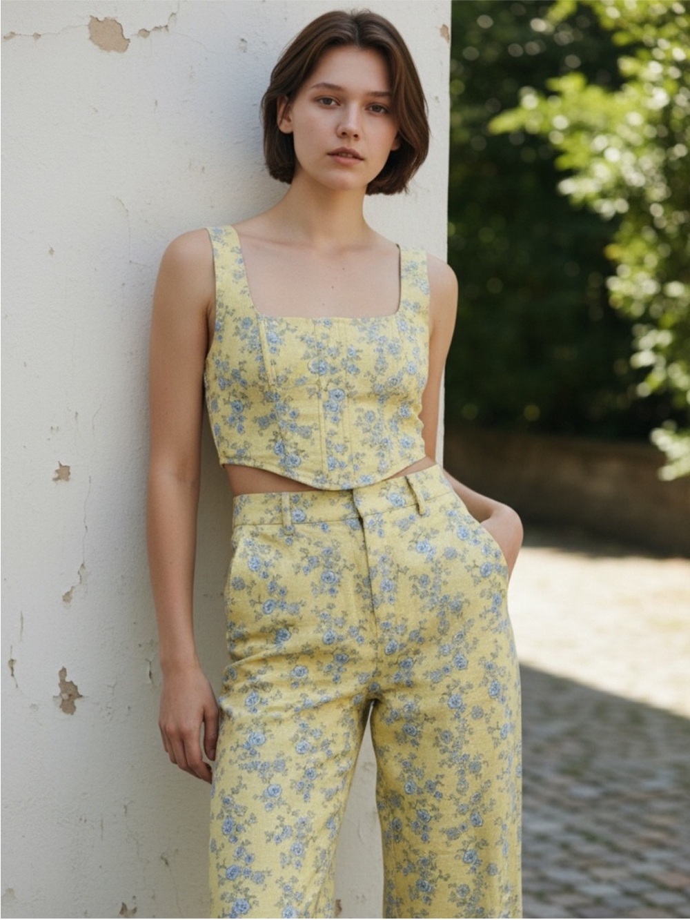 Yllw the Label Andie Linen Floral Square-Neck 2 piece set